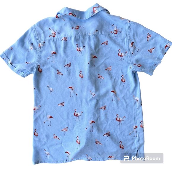 VTG Flamingo Shirt Medium Nickel Iron Blue Front Button Hawaiian Cruise … - Picture 9 of 12